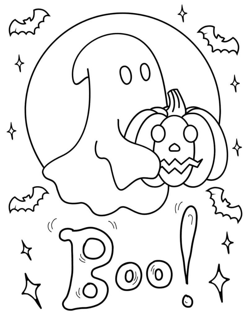 Halloween ghost and pumpkin coloring page saying Boo