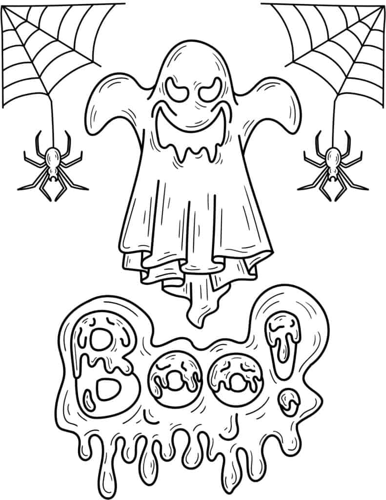 Ghost above dripping "BOO" with spiders and webs