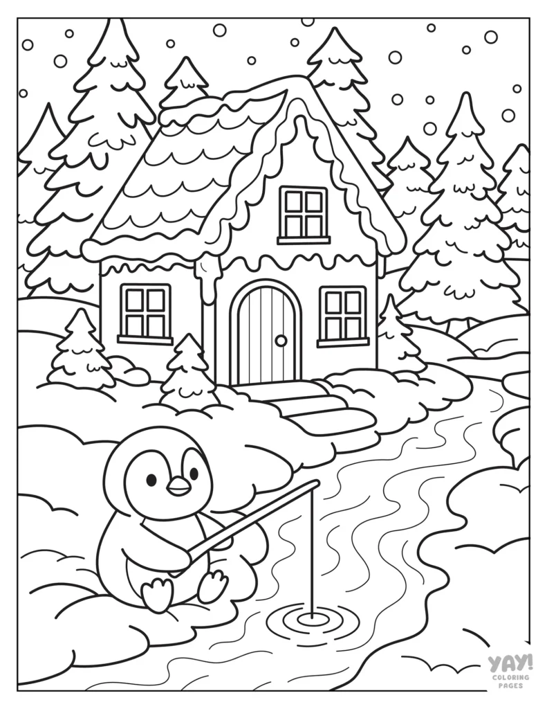 Winter cottage scene with penguin fishing by stream