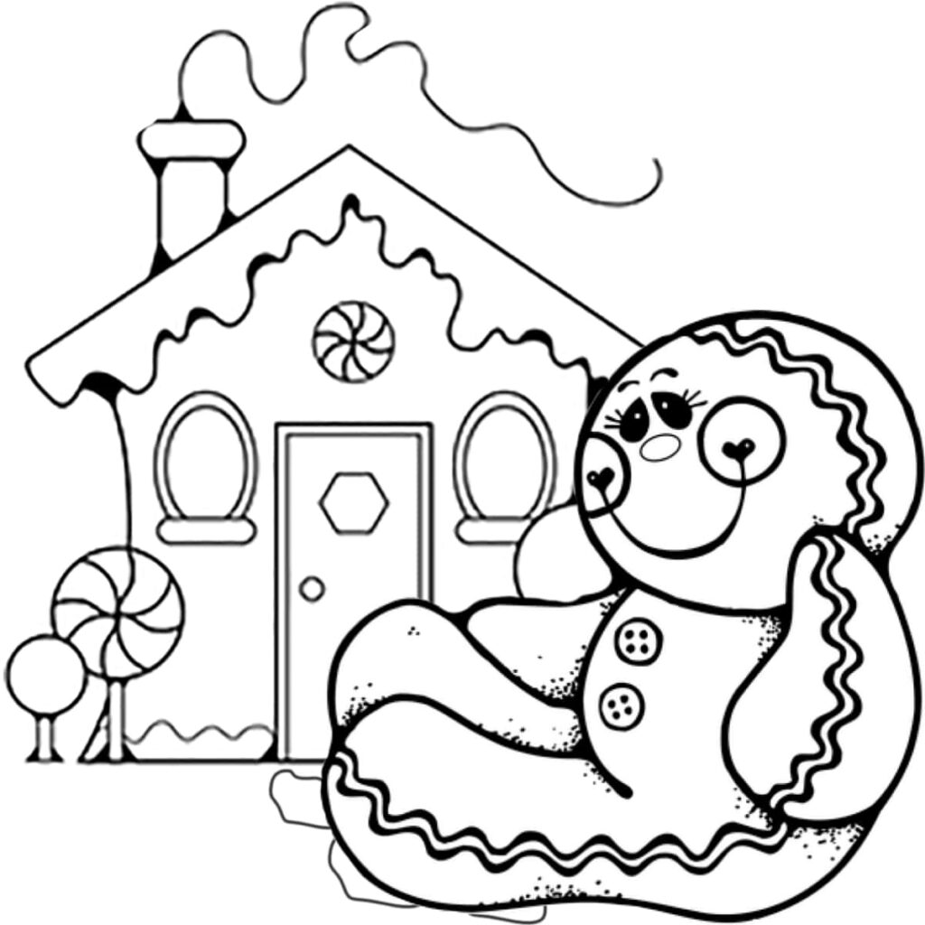 Gingerbread house and smiling cookie figure line drawing