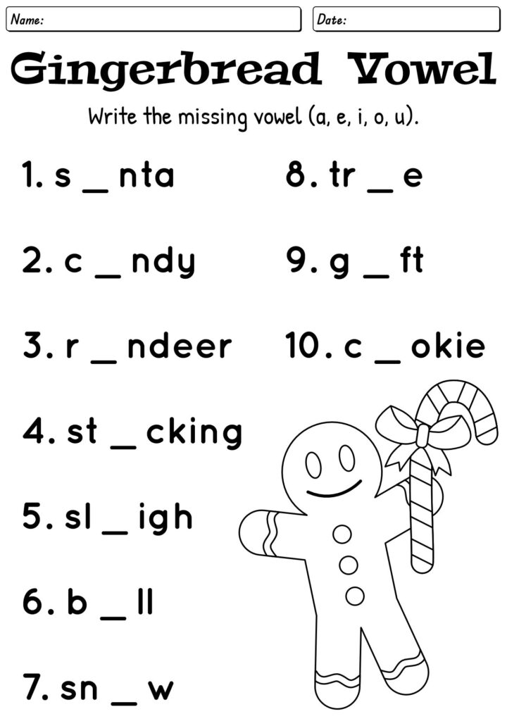 Christmas vowel worksheet with gingerbread man illustration