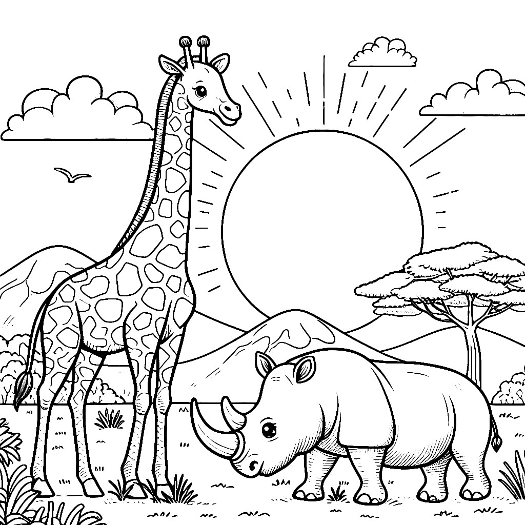 Giraffe and rhinoceros in savanna with sun