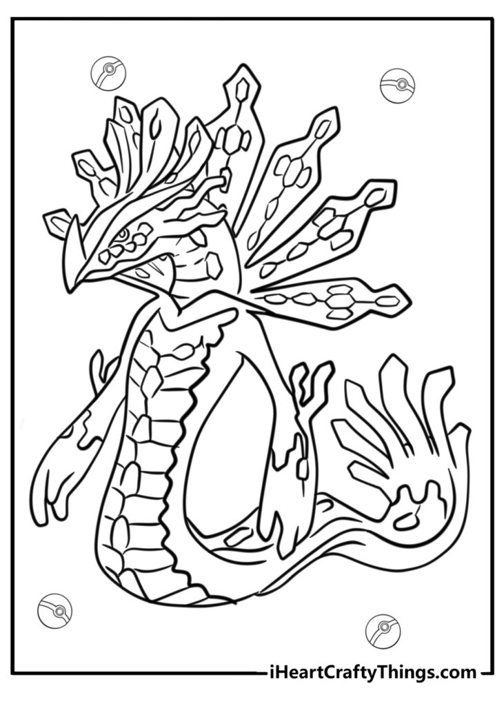 Black-and-white dragon line drawing with crystal shapes