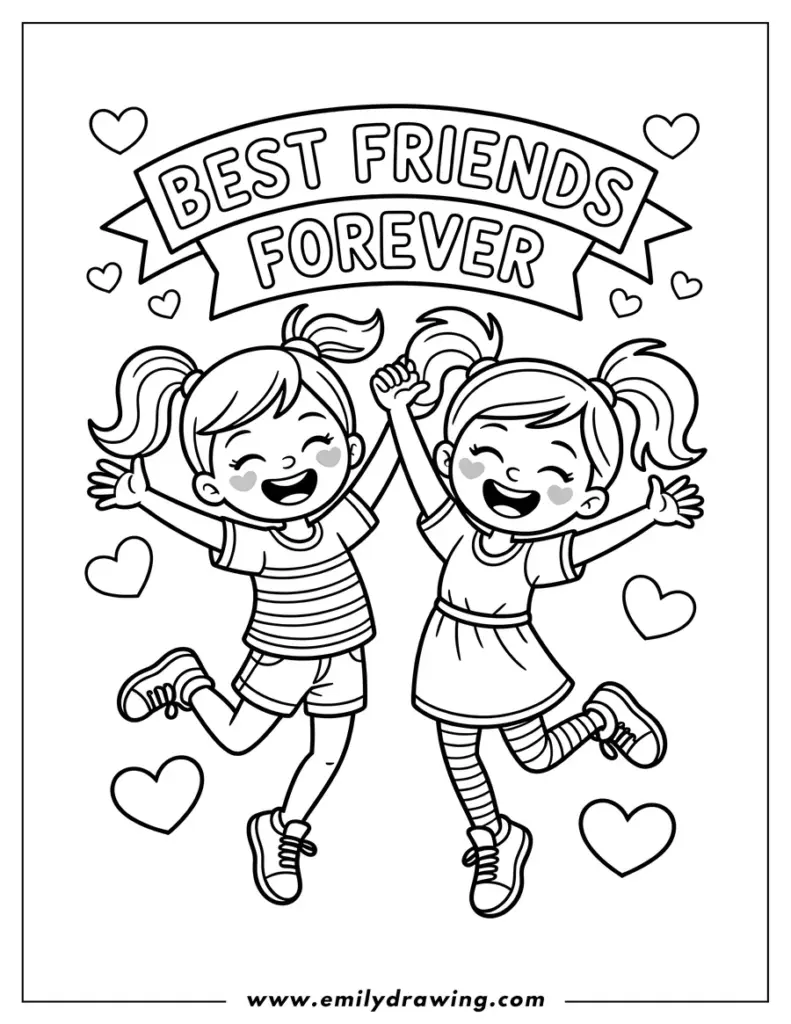 Black-and-white coloring page of two smiling girls and hearts
