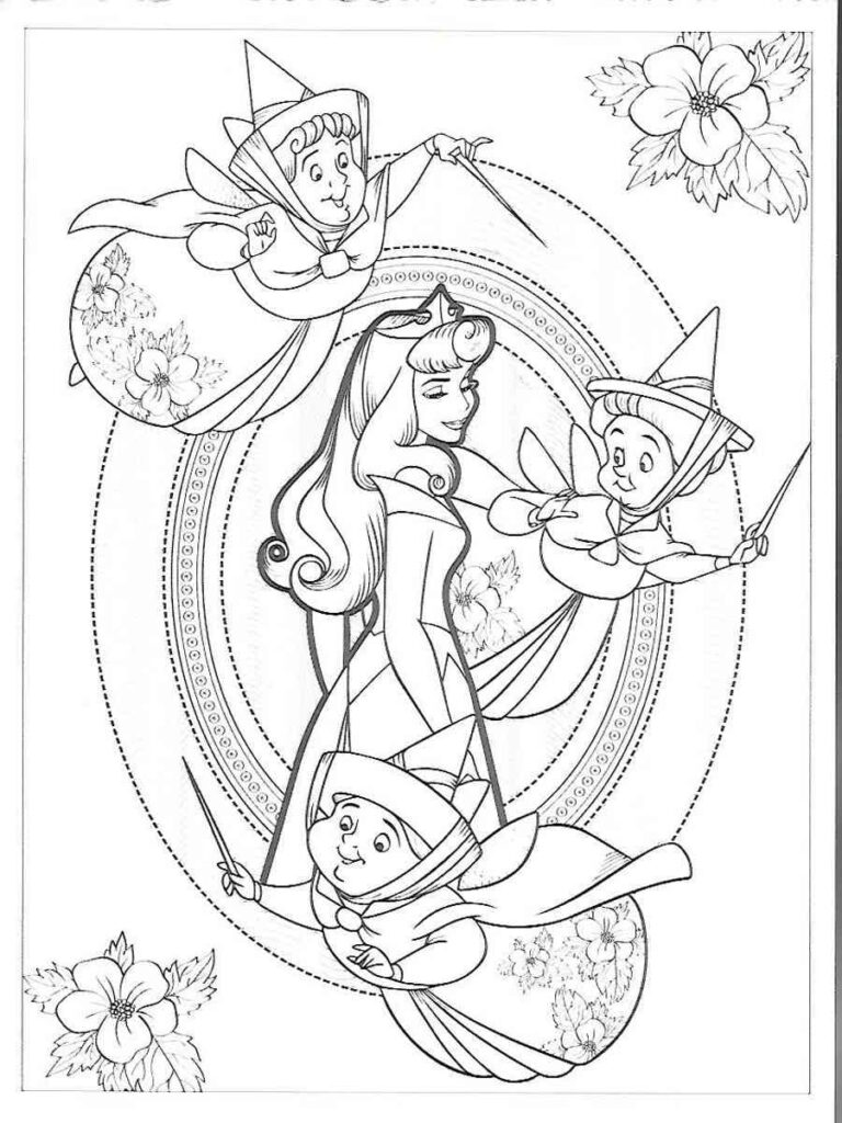 Sleeping Beauty with three fairies and flowers