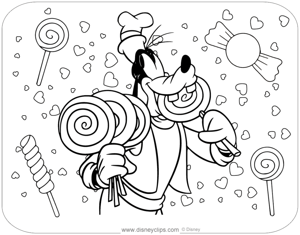 Goofy holding lollipops amid scattered hearts and candy