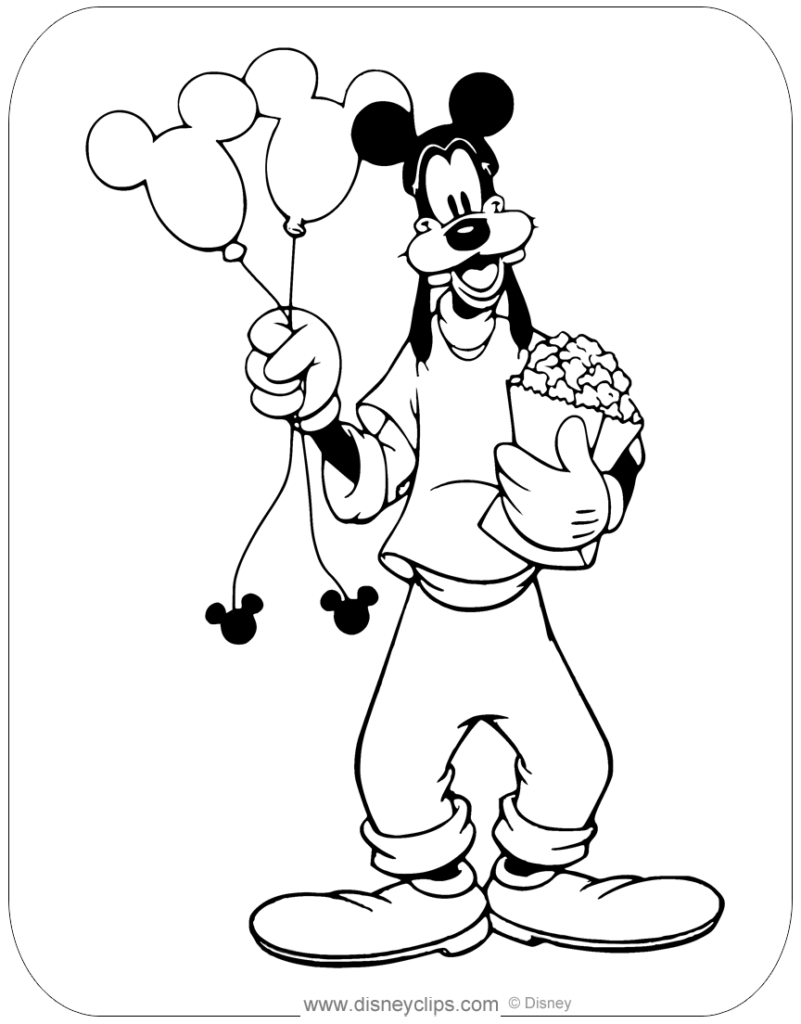 Goofy holding balloons and a popcorn bucket