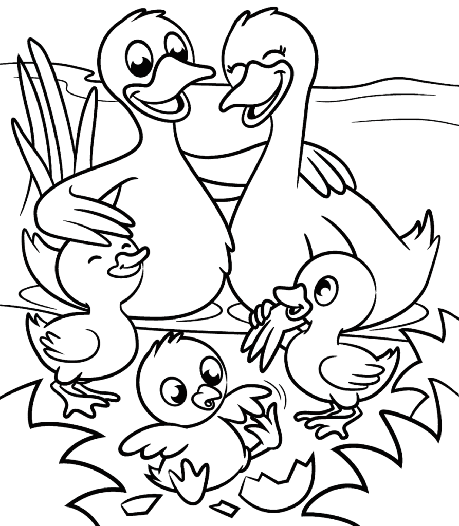 Cartoon ducks and ducklings in a pond scene
