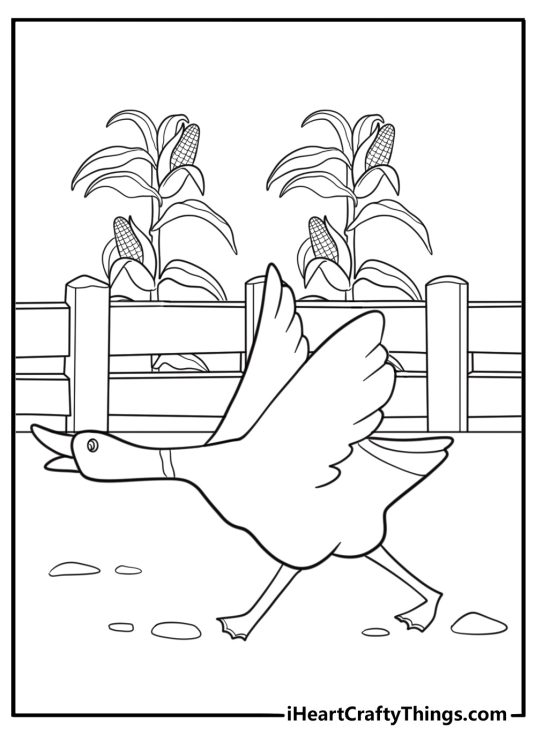 Line drawing of a goose flying past corn plants