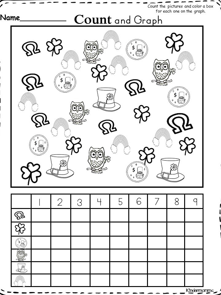 St. Patrick’s Day counting worksheet with icons and graph grid