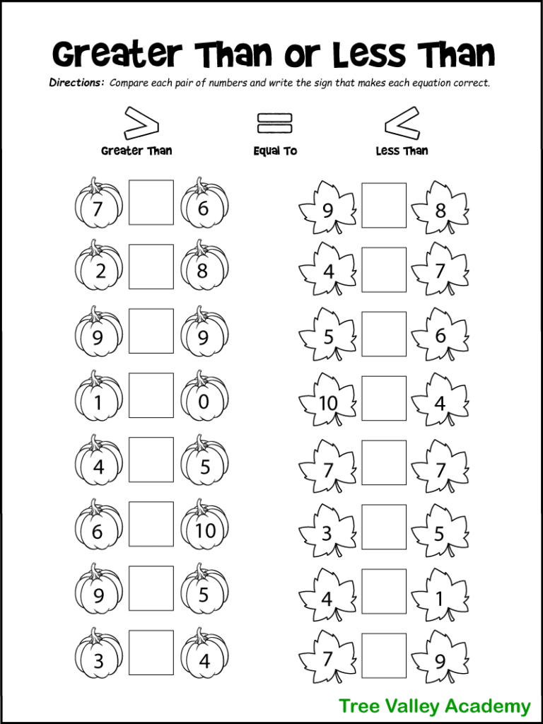 Greater than or less than worksheet with numbers and icons