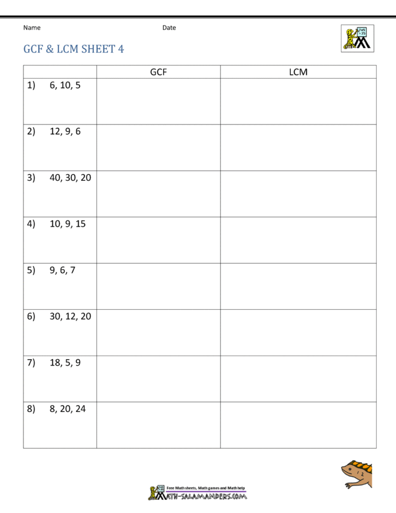 GCF and LCM worksheet with numbered number sets