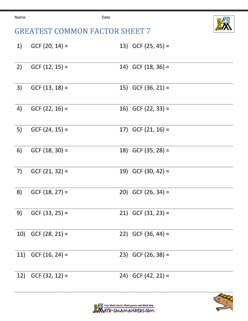 Math worksheet titled Greatest Common Factor Sheet 7