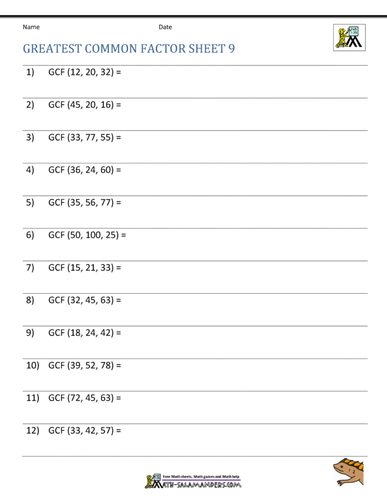Math worksheet titled Greatest Common Factor Sheet 9