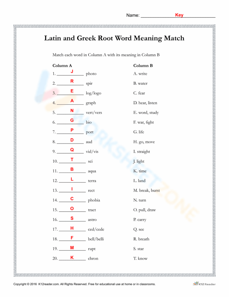 Latin and Greek root word matching worksheet answer key