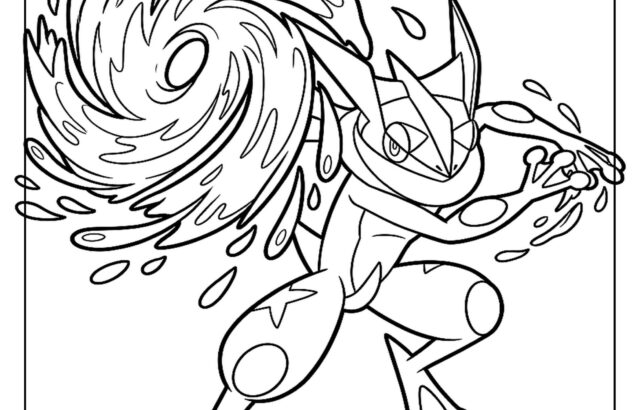 Black-and-white line drawing of a ninja frog with water swirl