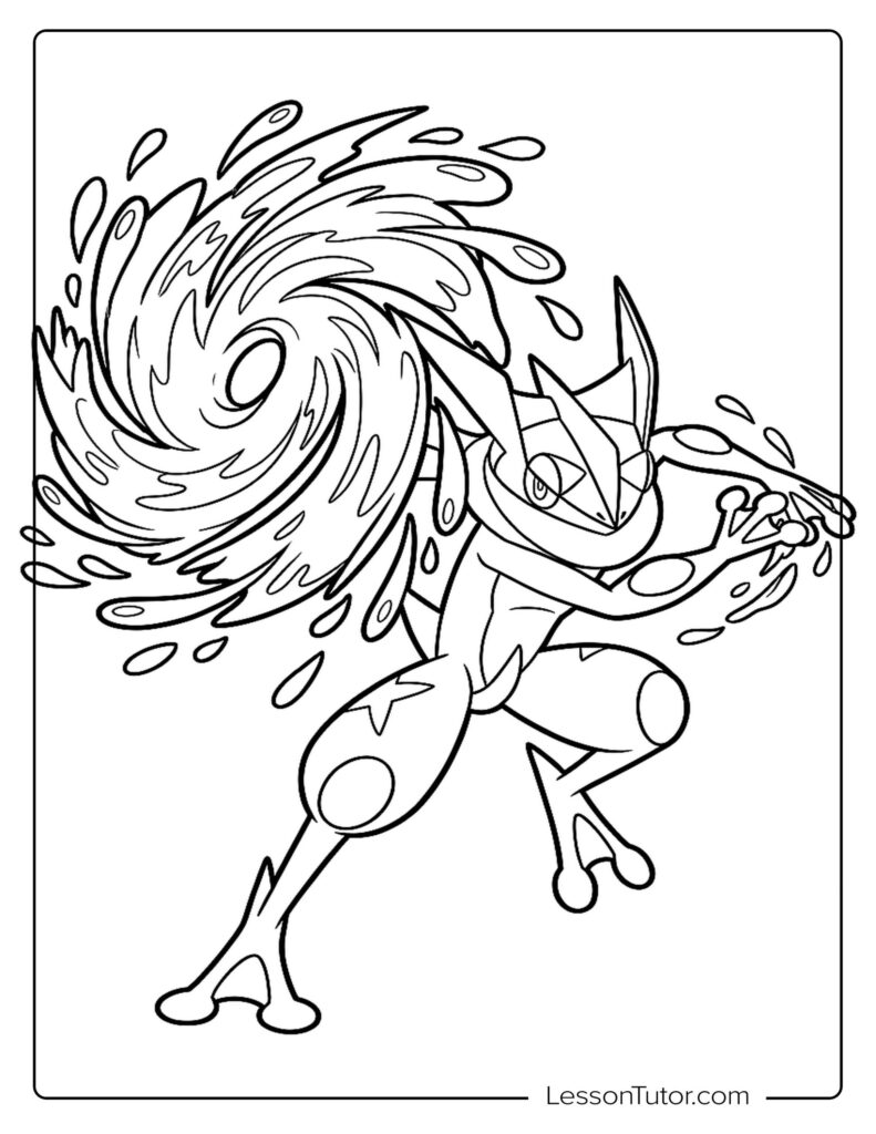 Black-and-white line drawing of a ninja frog with water swirl
