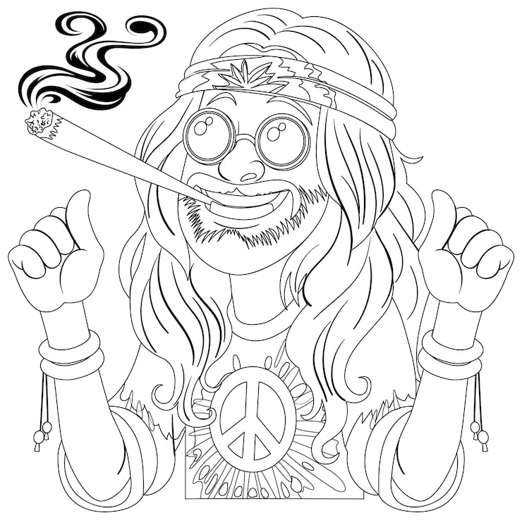 Line drawing of hippie man with peace sign and joint