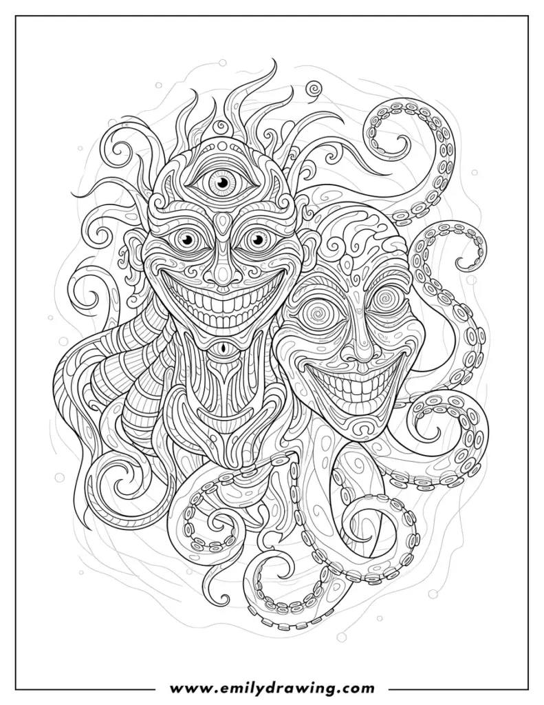 Intricate black-and-white drawing of two grinning faces with tentacles