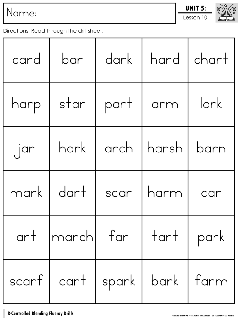 Phonics worksheet grid with short words and names section