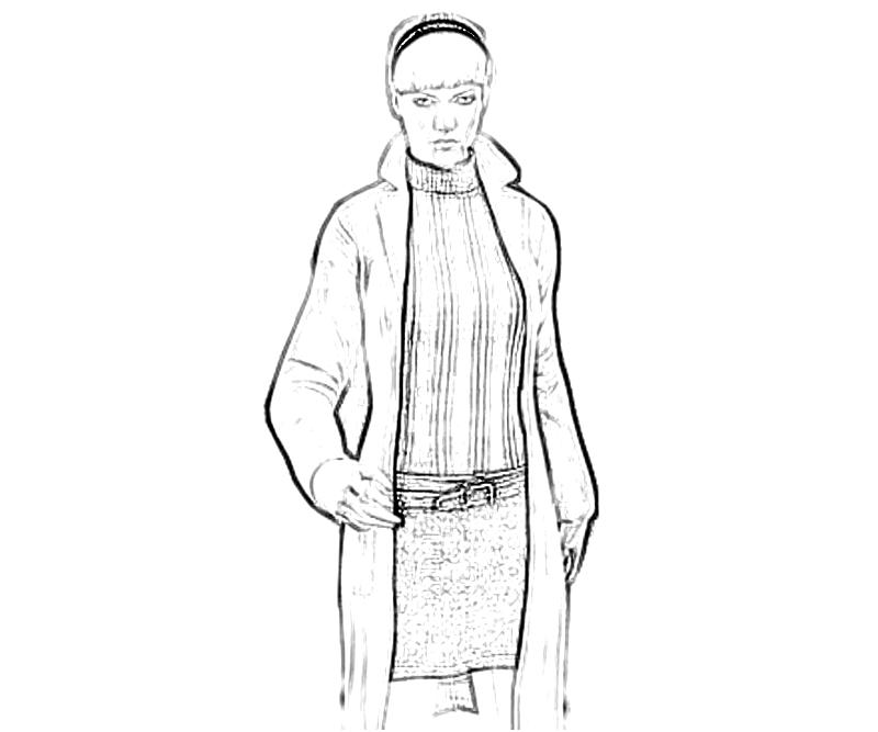 Sketch of woman wearing coat, turtleneck, and skirt