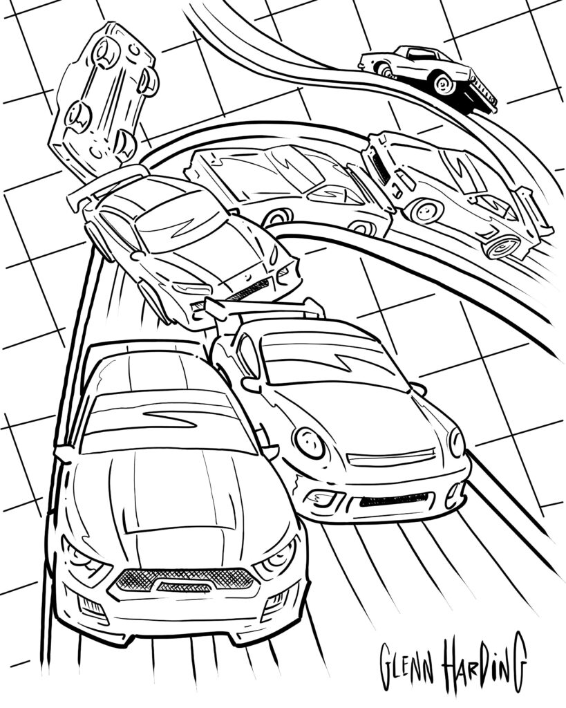 Black-and-white drawing of five cars on curving tracks