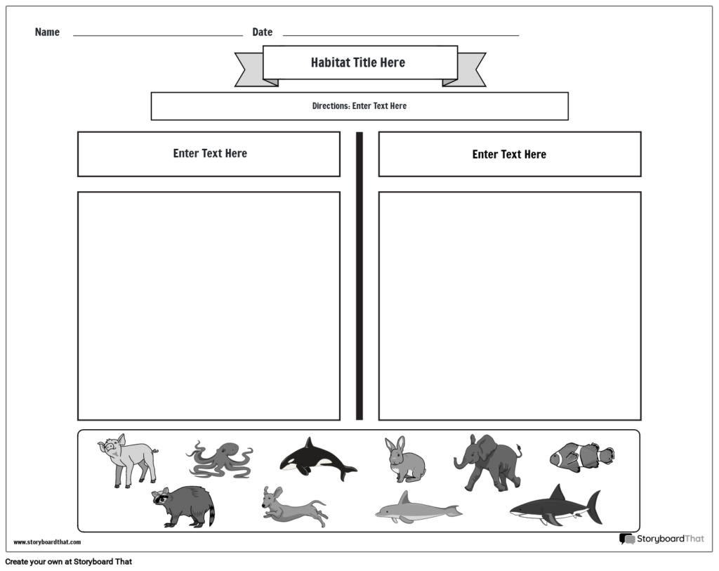 Blank habitat worksheet with animal cutouts along bottom