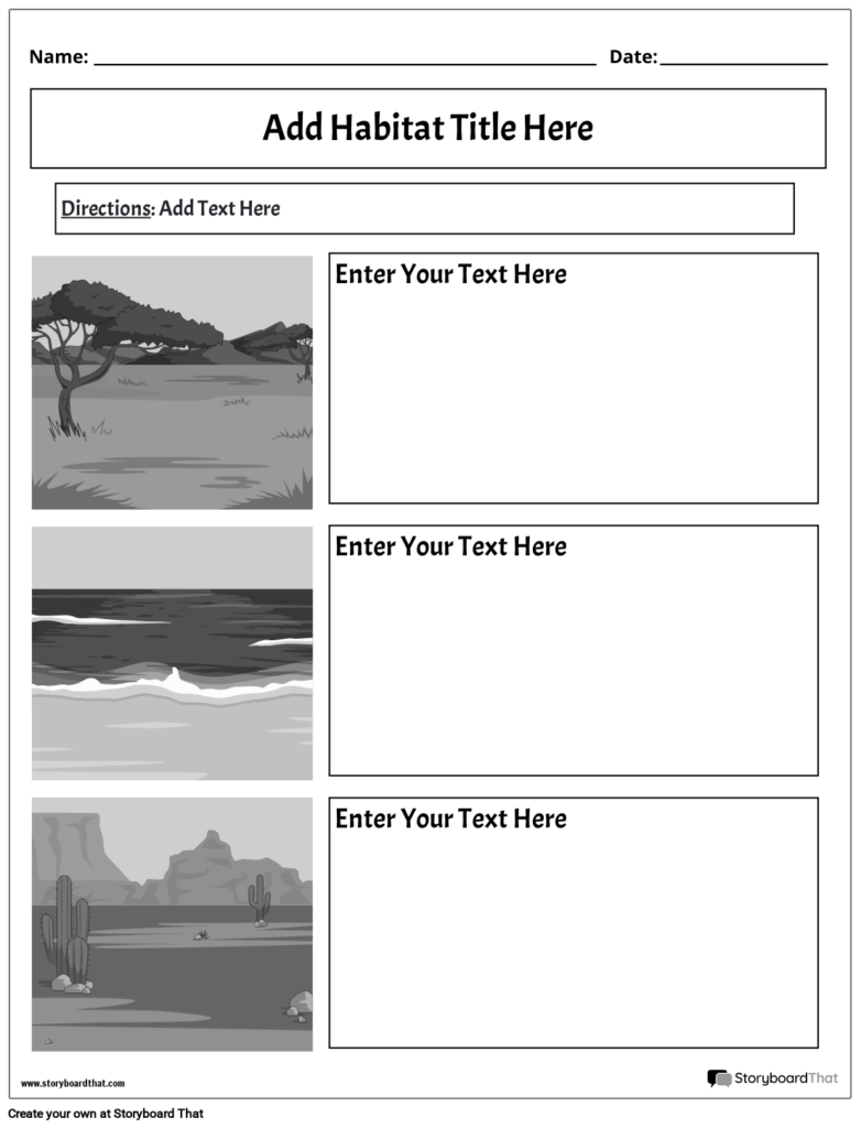Three habitat worksheet panels with trees, ocean, and desert scenes