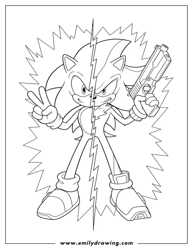 Black-and-white cartoon hedgehog holding gun and peace sign