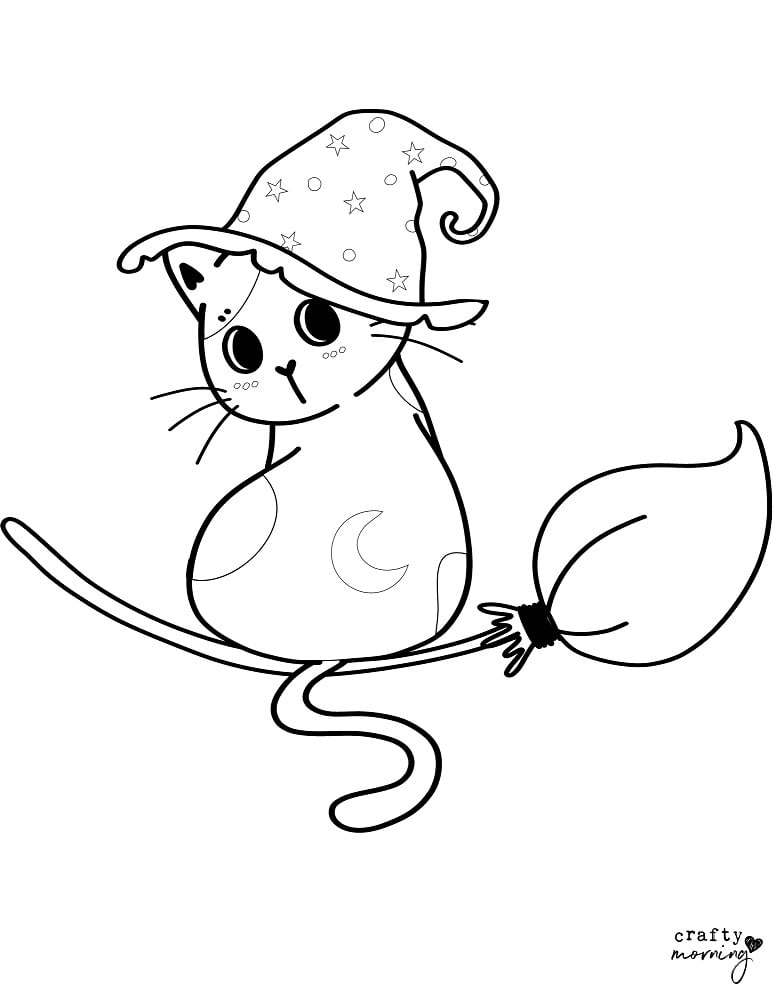 Cartoon cat wearing a starry witch hat on a broom