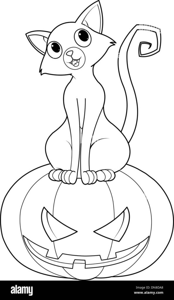 Cartoon cat sitting on a jack-o'-lantern pumpkin