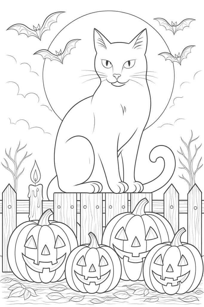 Halloween cat above jack-o'-lanterns and bats