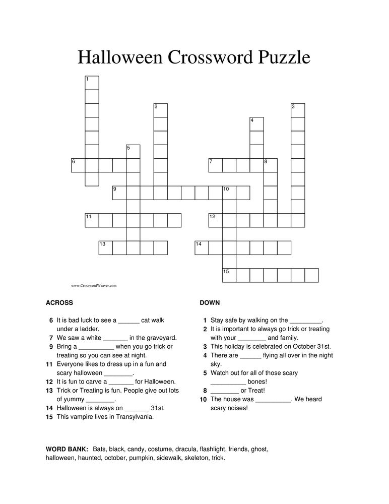Halloween crossword puzzle worksheet with clues and word bank