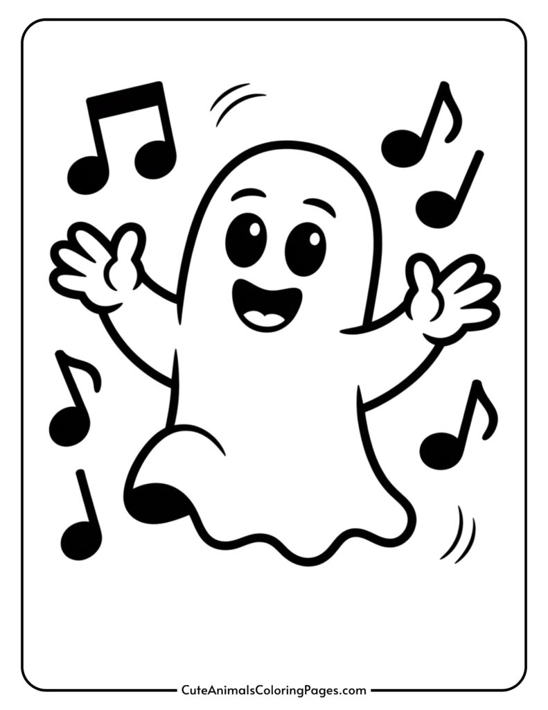 Cartoon ghost dancing with musical notes on white page