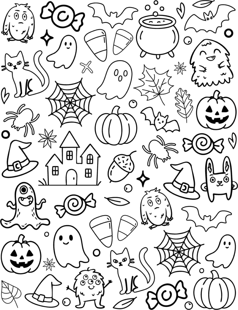 Black-and-white Halloween doodles with ghosts, pumpkins, bats, and cats