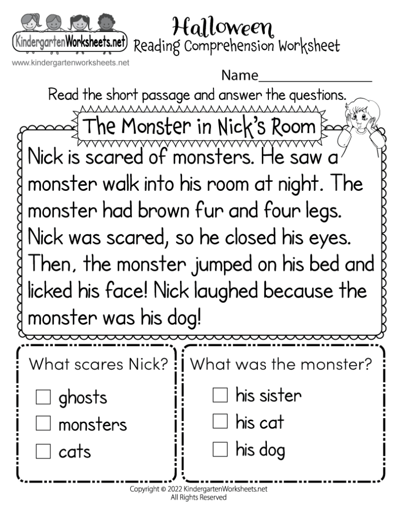 Halloween reading comprehension worksheet about Nick’s dog