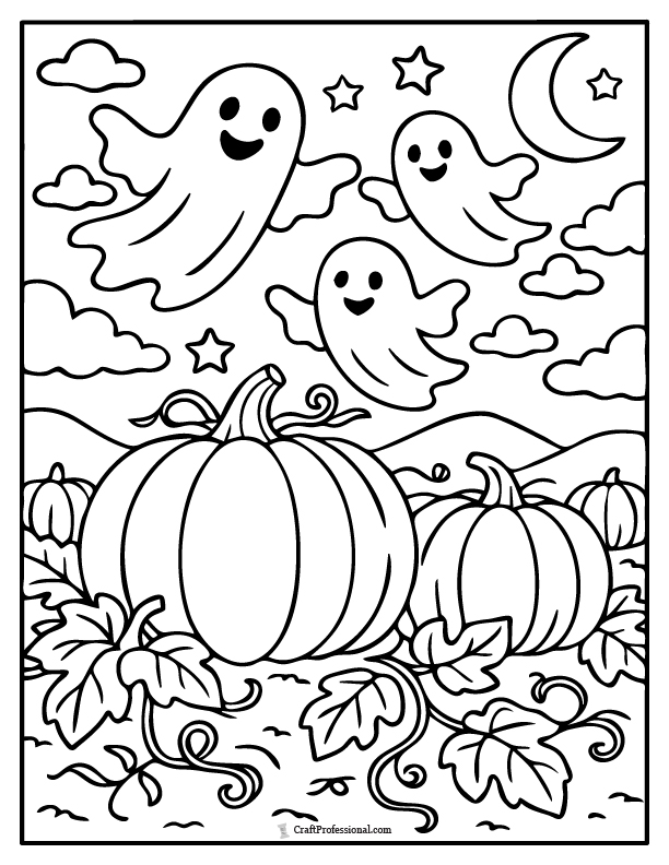 Halloween coloring page with ghosts, pumpkins, and moon