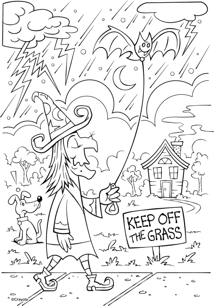 Witch with dog and sign, under stormy sky