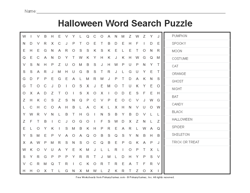 Halloween word search puzzle worksheet on white page