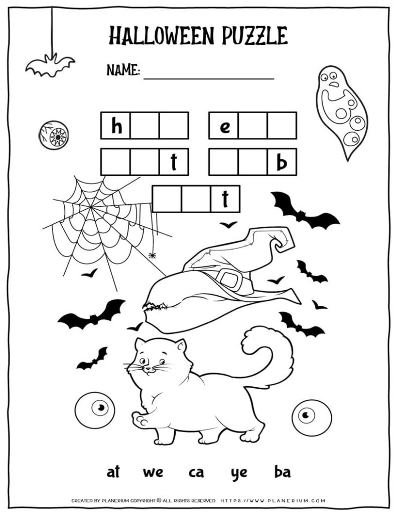 Halloween puzzle worksheet with bats, cat, and spiderweb