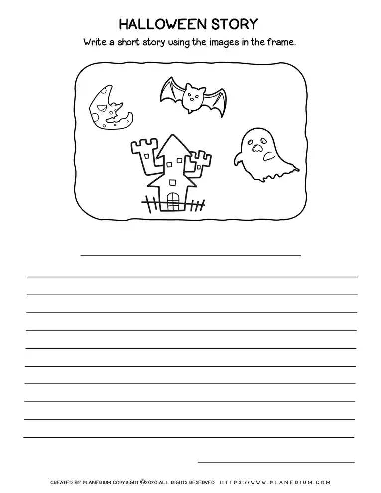 Halloween story worksheet with haunted house, bat, ghost, moon