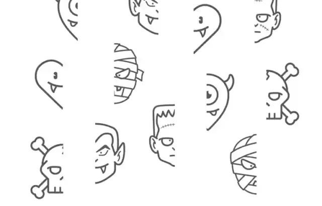 Halloween puzzle worksheet with cartoon character halves