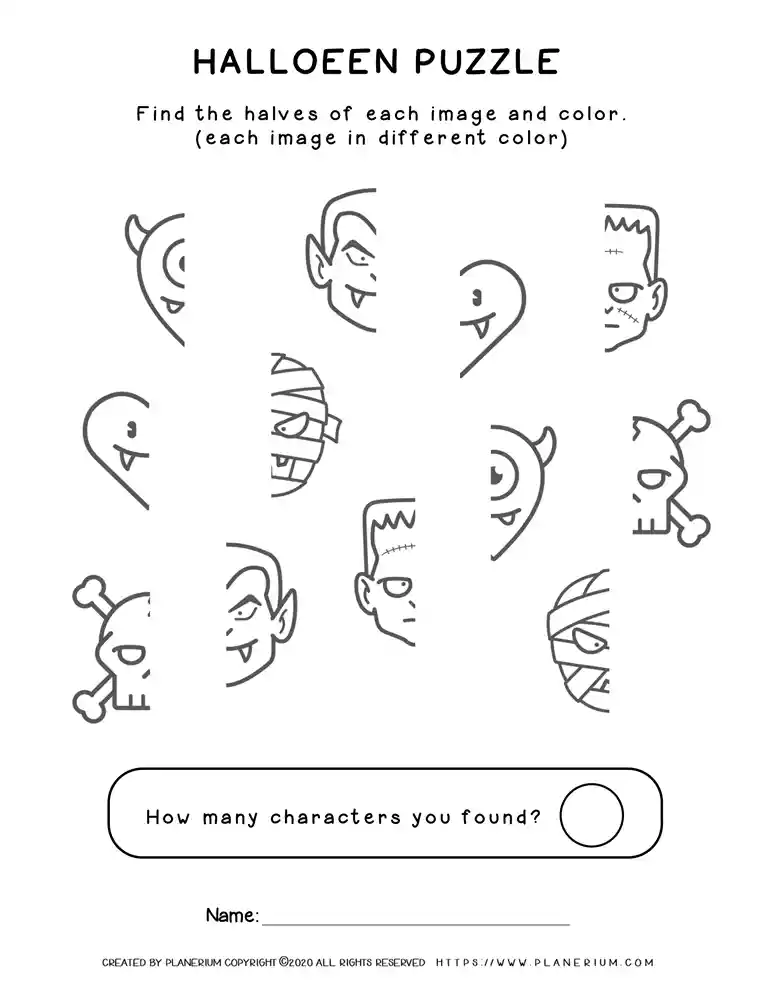 Halloween puzzle worksheet with cartoon character halves
