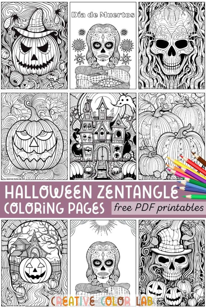 Halloween zentangle coloring page collage with pumpkins, skulls, haunted house