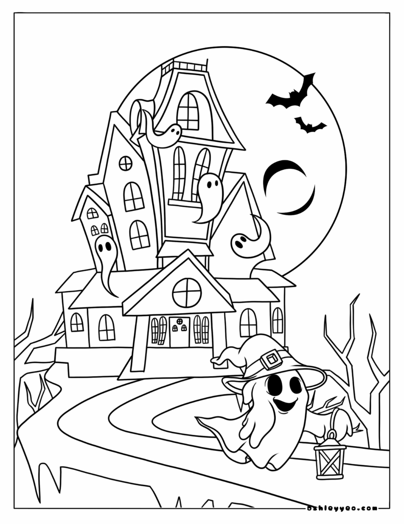 Halloween haunted house with ghosts and bats
