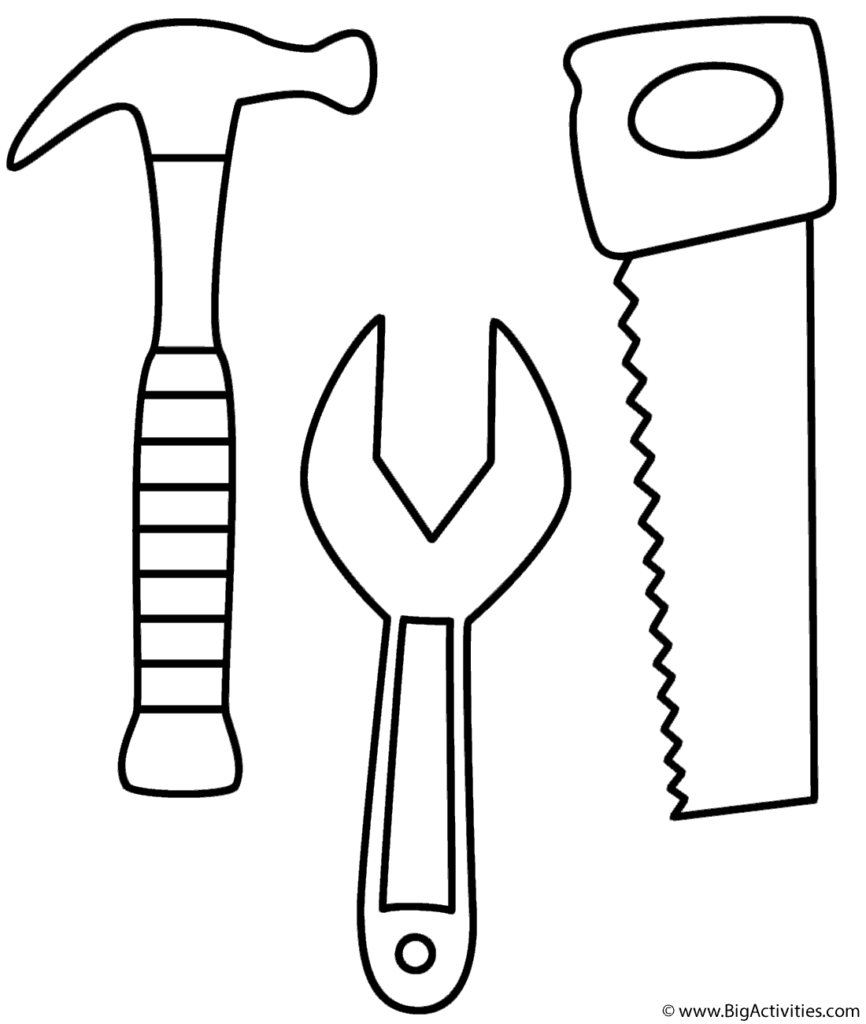 Hammer, wrench, and saw outlined on white background