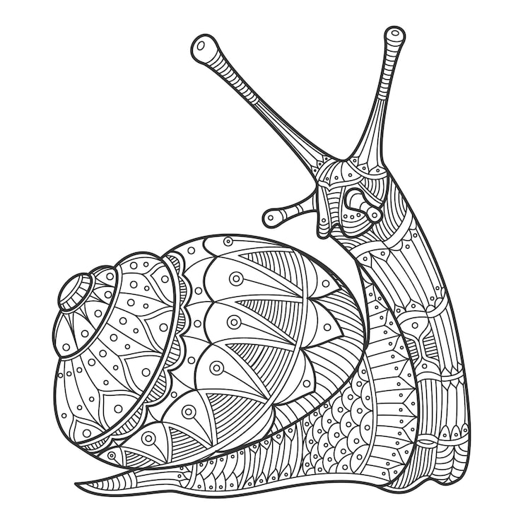 Decorative black-and-white line drawing of a snail