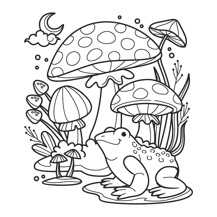 Cartoon frog among oversized mushrooms and moon