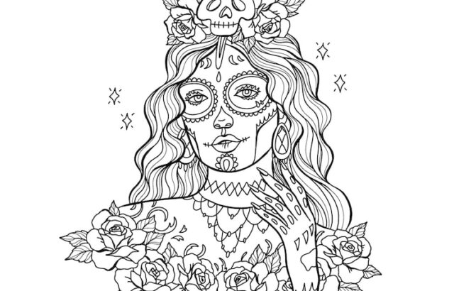 Line art woman with skull crown and roses