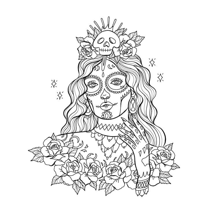 Line art woman with skull crown and roses